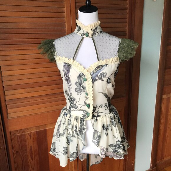 Lip Service Mecanique Menagerie Gothic Victorian Ivory & Green Chiffon Blouse M - Picture 2 of 11